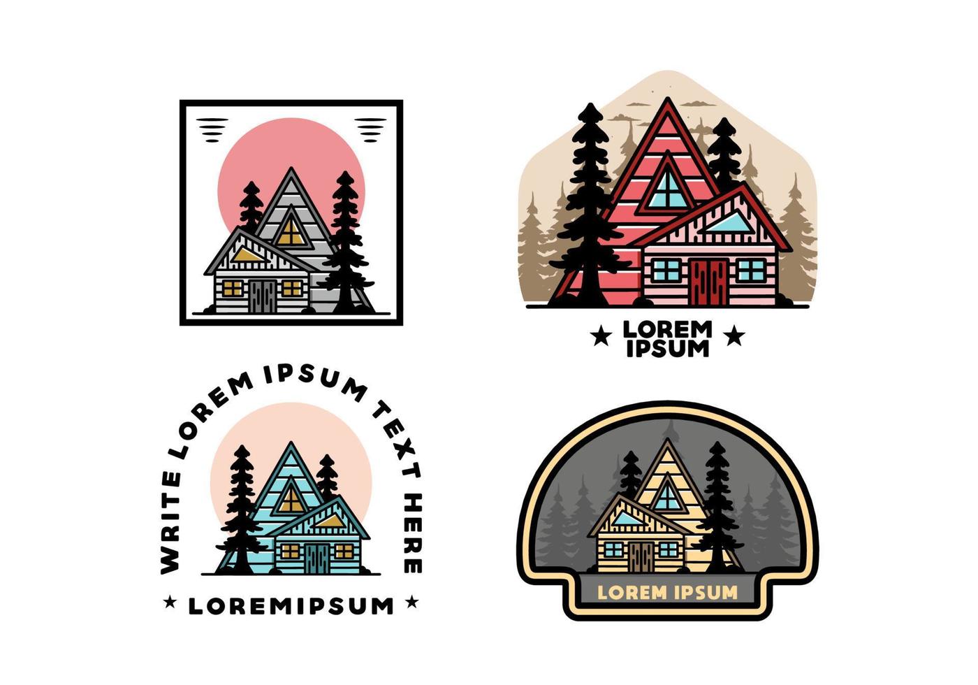 Aesthetic wood house between two pine tree illustration badge design vector