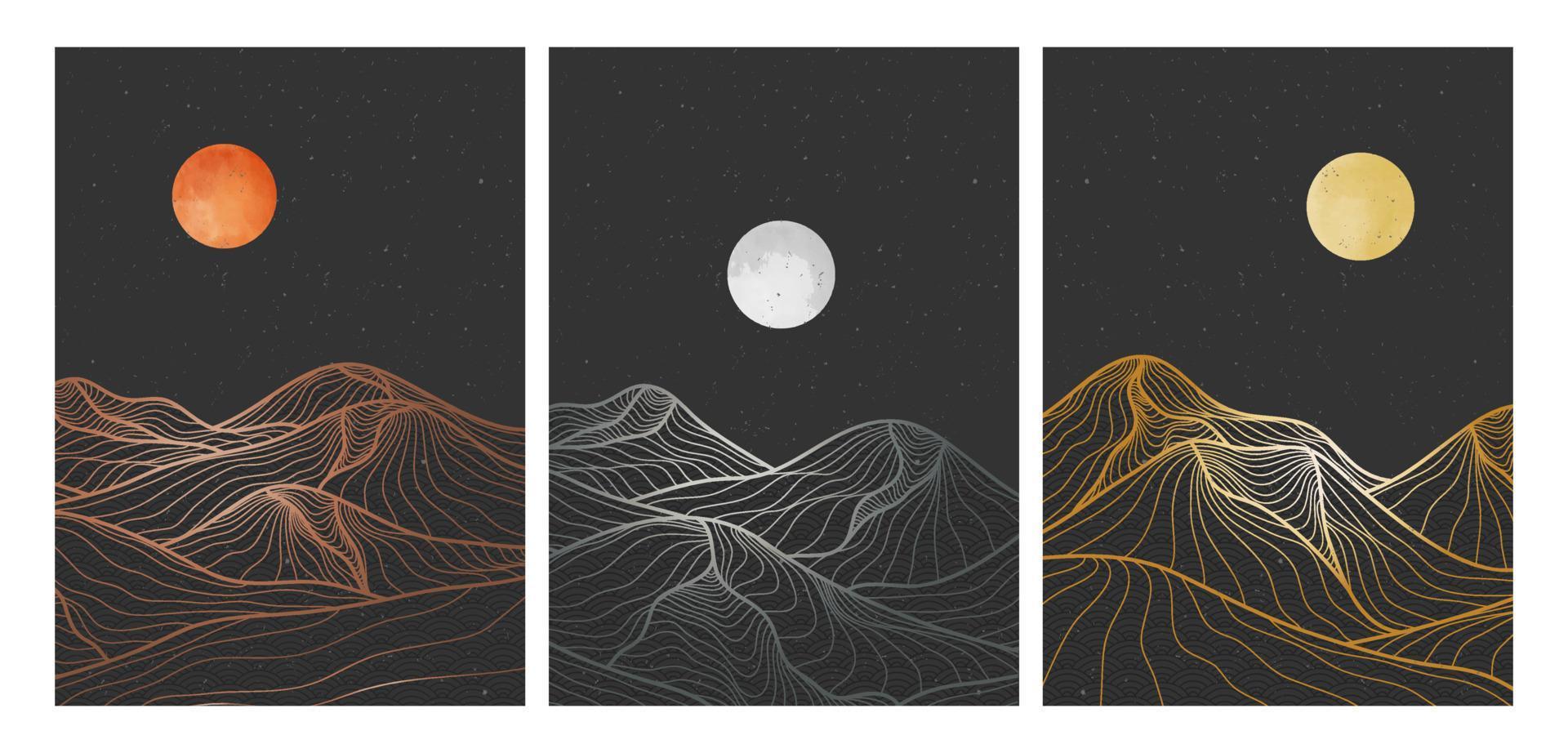 Creative minimalist modern line art print on set. Abstract mountain contemporary aesthetic backgrounds landscapes. with mountain, moon, sea, skyline, wave. vector illustrations