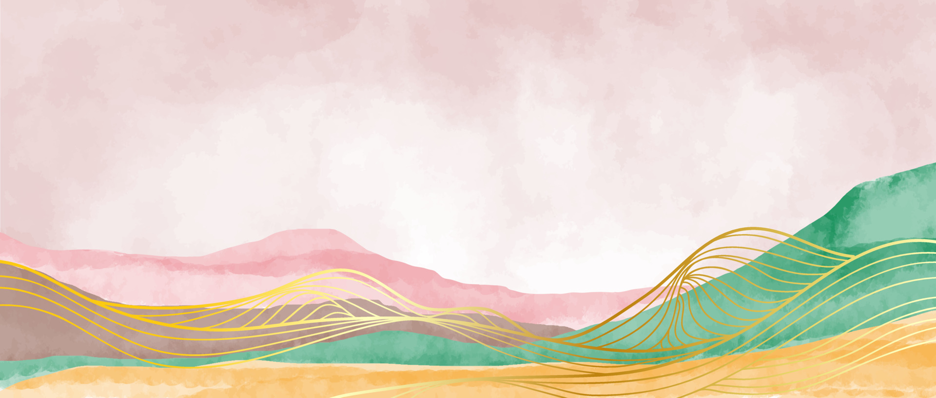 Mountain landscape background with watercolor brush and line wave pattern. Abstract contemporary