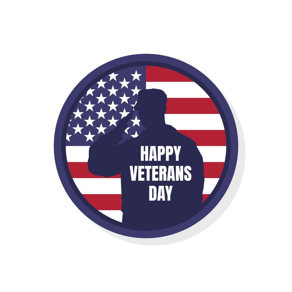 Logo or emblem in the shape of a circle of the USA flag, soldiers are saluting as a veteran symbol and veterans day text. vector