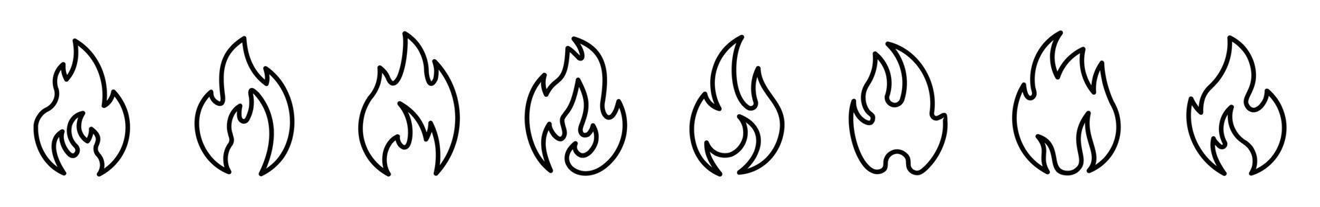 conjunto de icono de llama de fuego en un estilo diferente. hoguera línea silueta vector logo ilustración sobre fondo blanco.