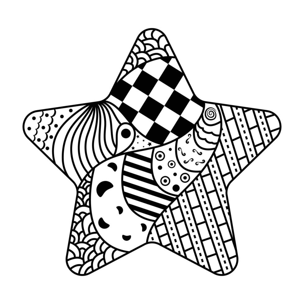 ilustración de trama de libro para colorear de estrellas. colorante antiestrés para adultos. estilo zentángulo. líneas en blanco y negro. patrón de encaje vector