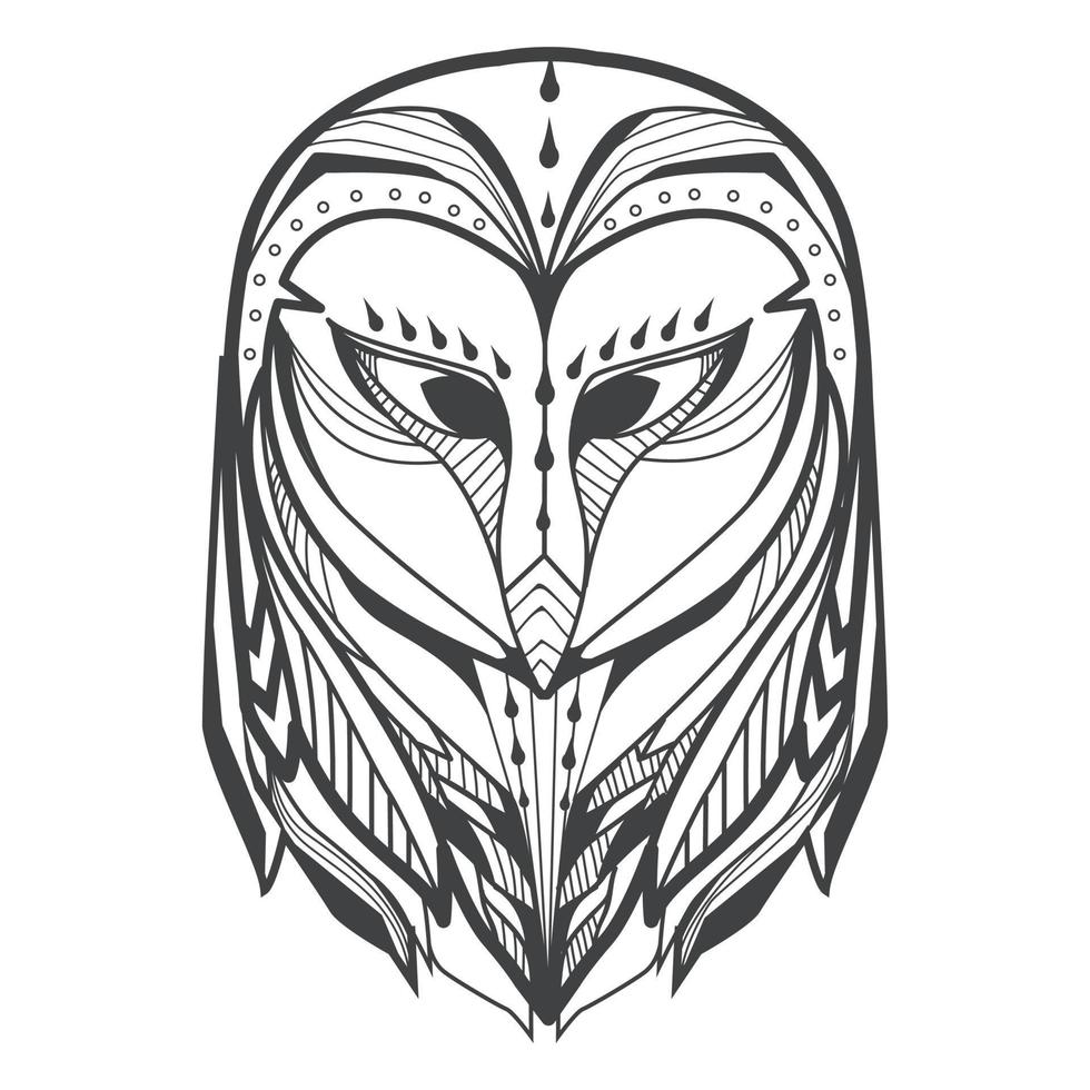Vector hand drawn Owl face. Black and white zentangle art. Ethnic patterned illustration for antistress coloring book, tattoo, poster, print, t-shirt.