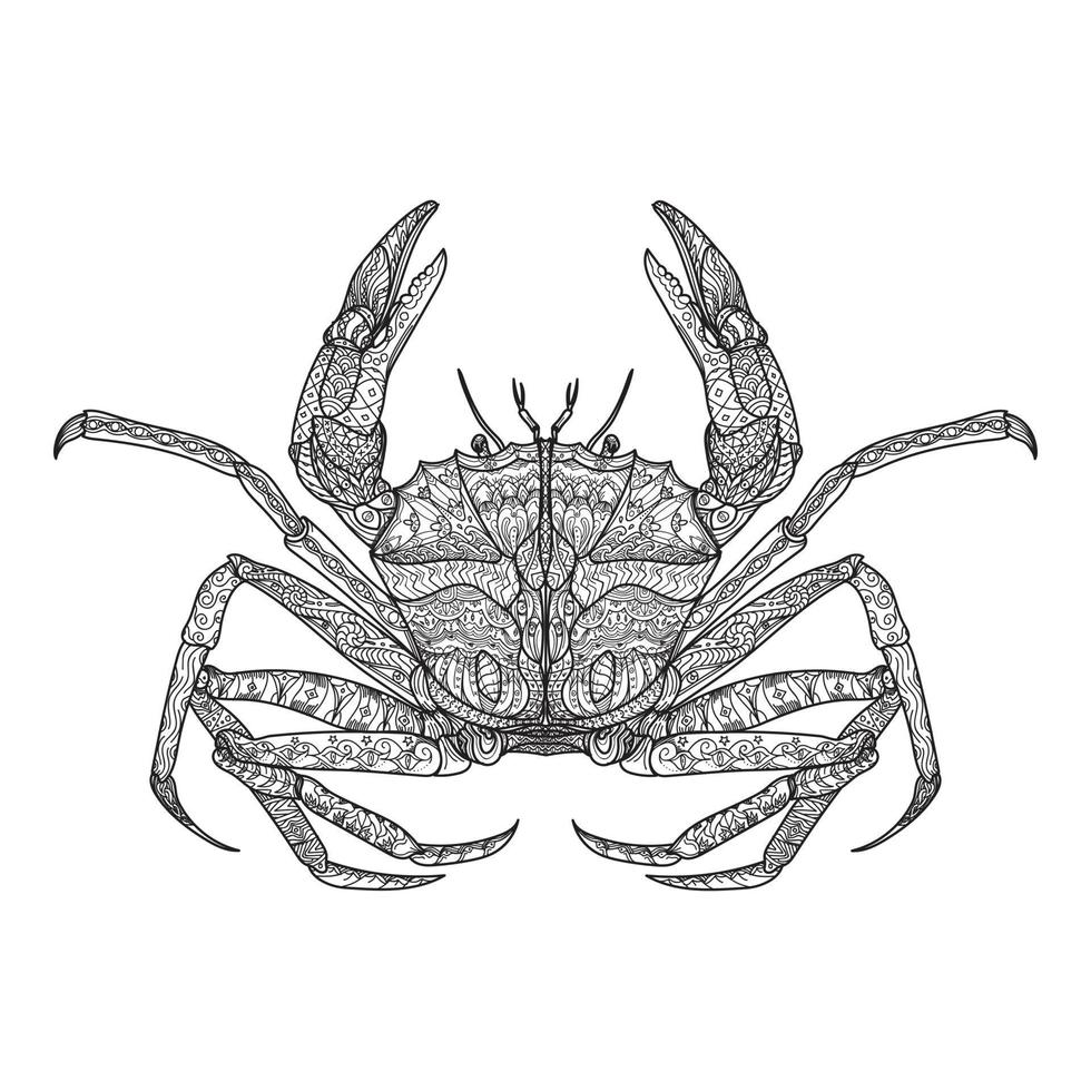 Crab. Hand drawn sea animal with ethnic floral doodle pattern. Coloring book for adults, tattoo, logo, shirt design. Vector illustration, isolated black on white background. Zen doodles