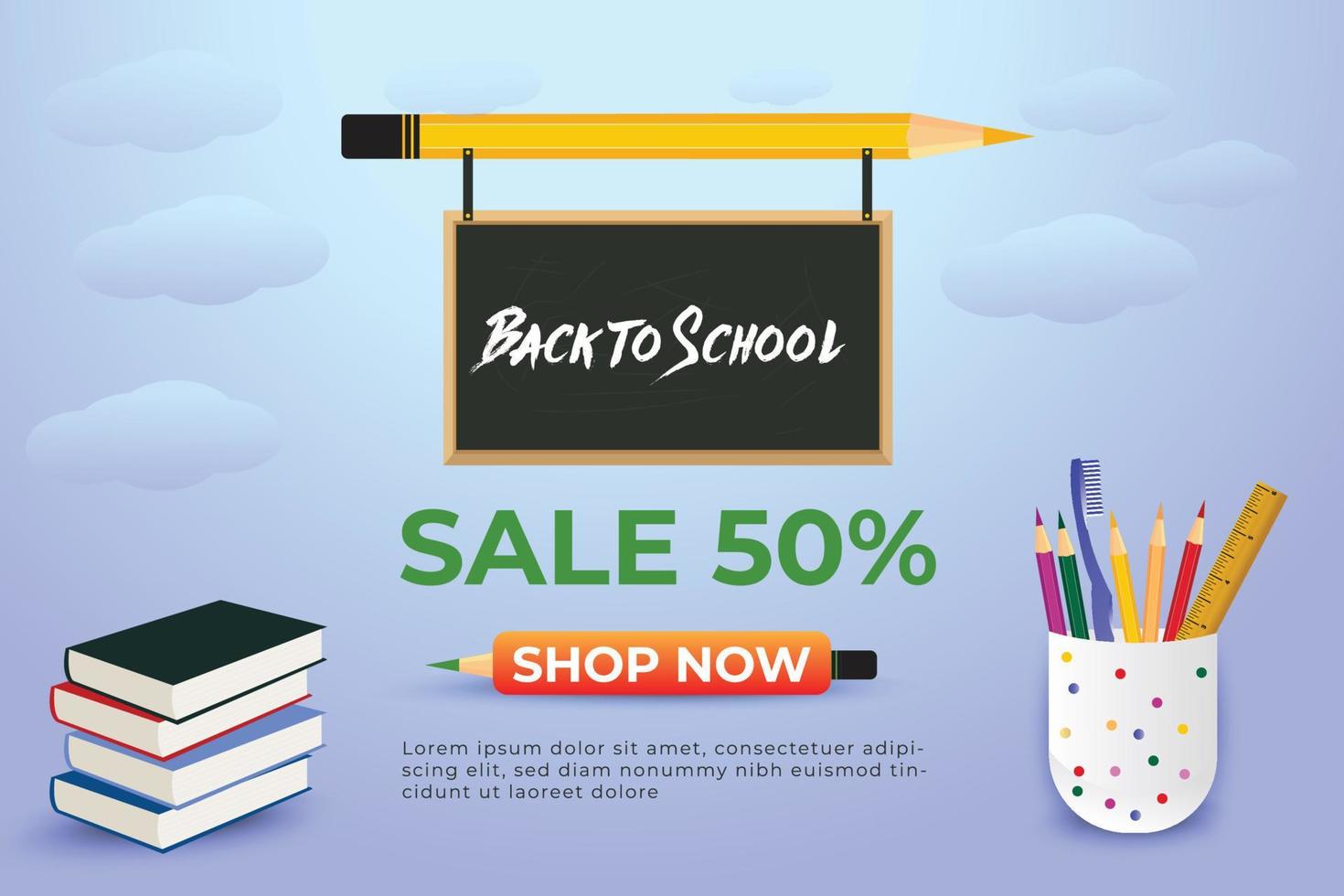 Back-to-school sale background design with colored pencils and other learning items vector