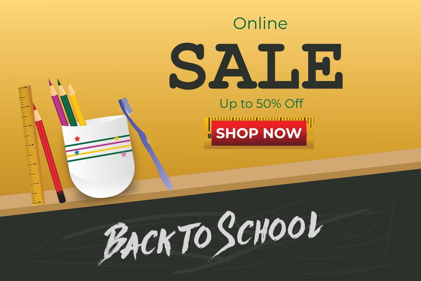 Back-to-school sale background design with colored pencils and other learning items vector