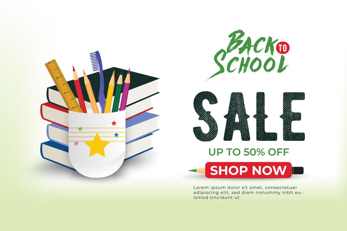 Back-to-school sale background design with colored pencils and other learning items vector