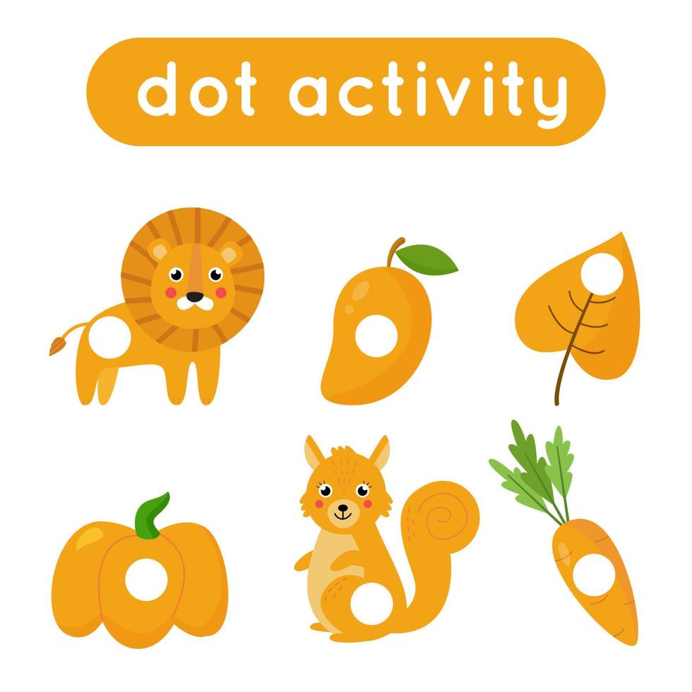 Dot a dot game for preschool kids. Cute cartoon orange objects. vector