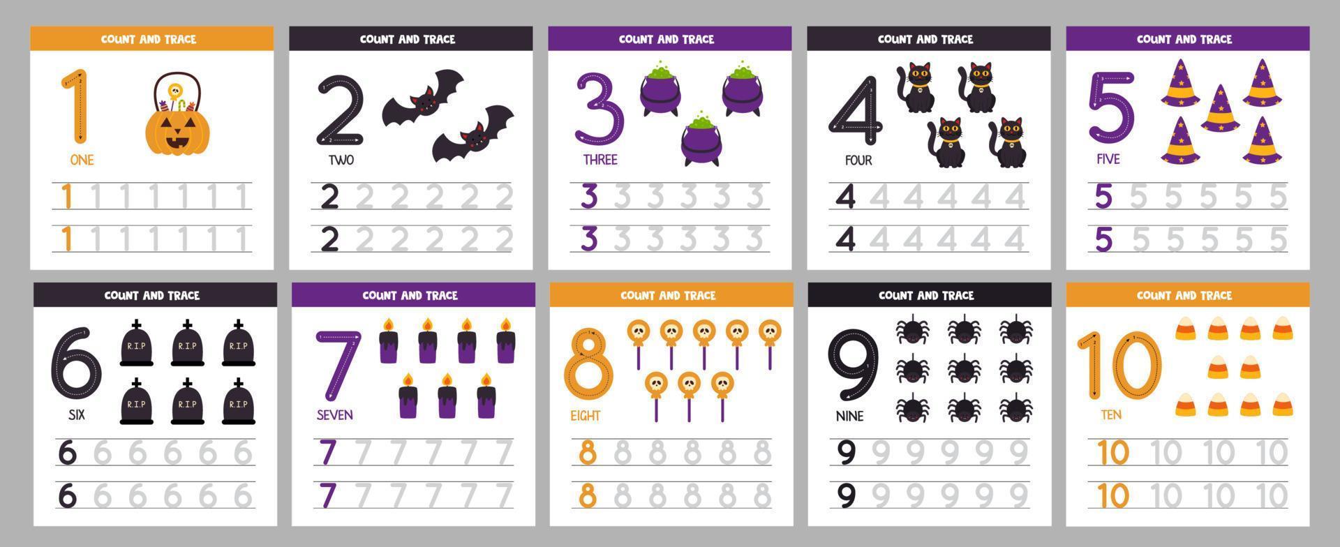 Collection of flashcards for learning numbers for children. Halloween elements. vector