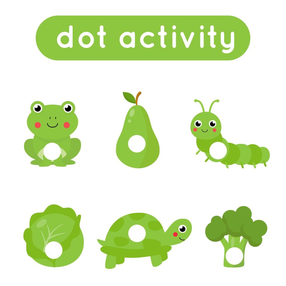 Dot a dot game for preschool kids. Cute cartoon green objects. vector