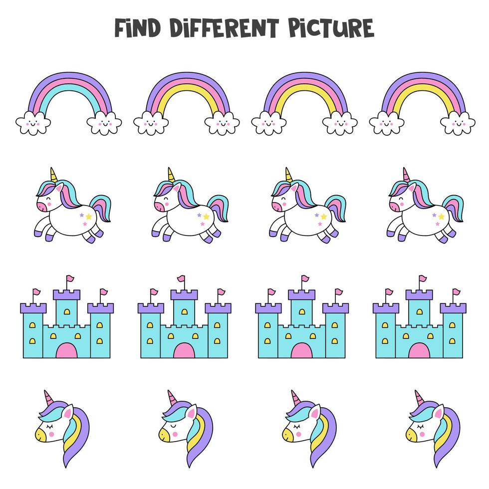 Find unicorn element which is different from others. Worksheet for kids. vector