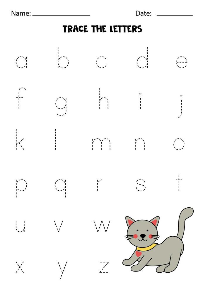 Worksheet with cute cat. Trace lowercase letters of alphabet. vector