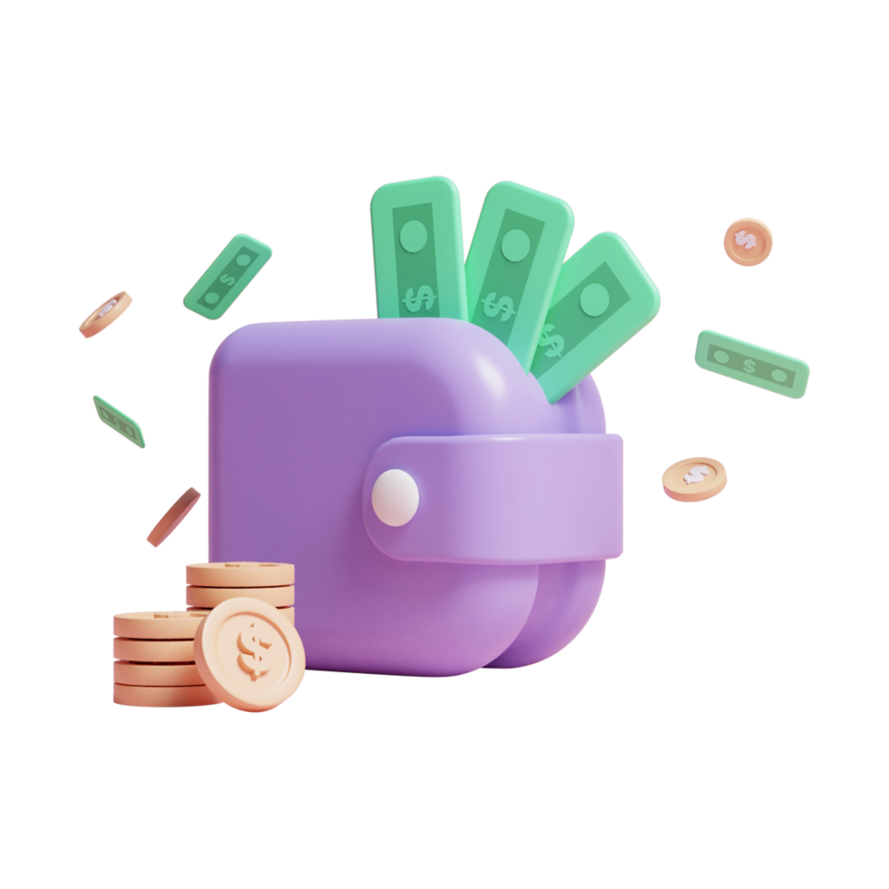 3d money saving wallet with holding money and gold coin or 3d money