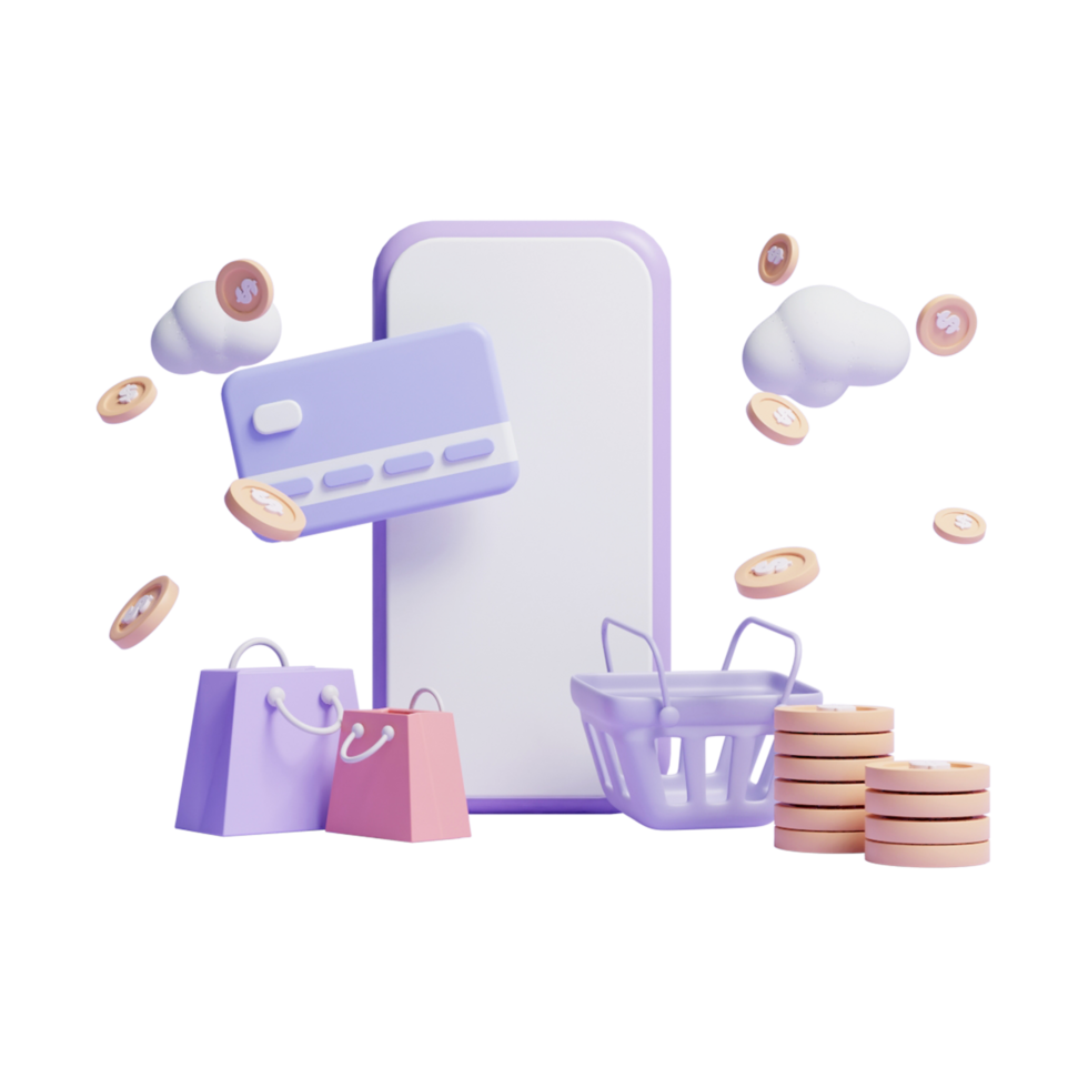ícone de conceito de compras on-line 3d ou ícone de conceito de serviço de pagamento de compras on-line 3d png