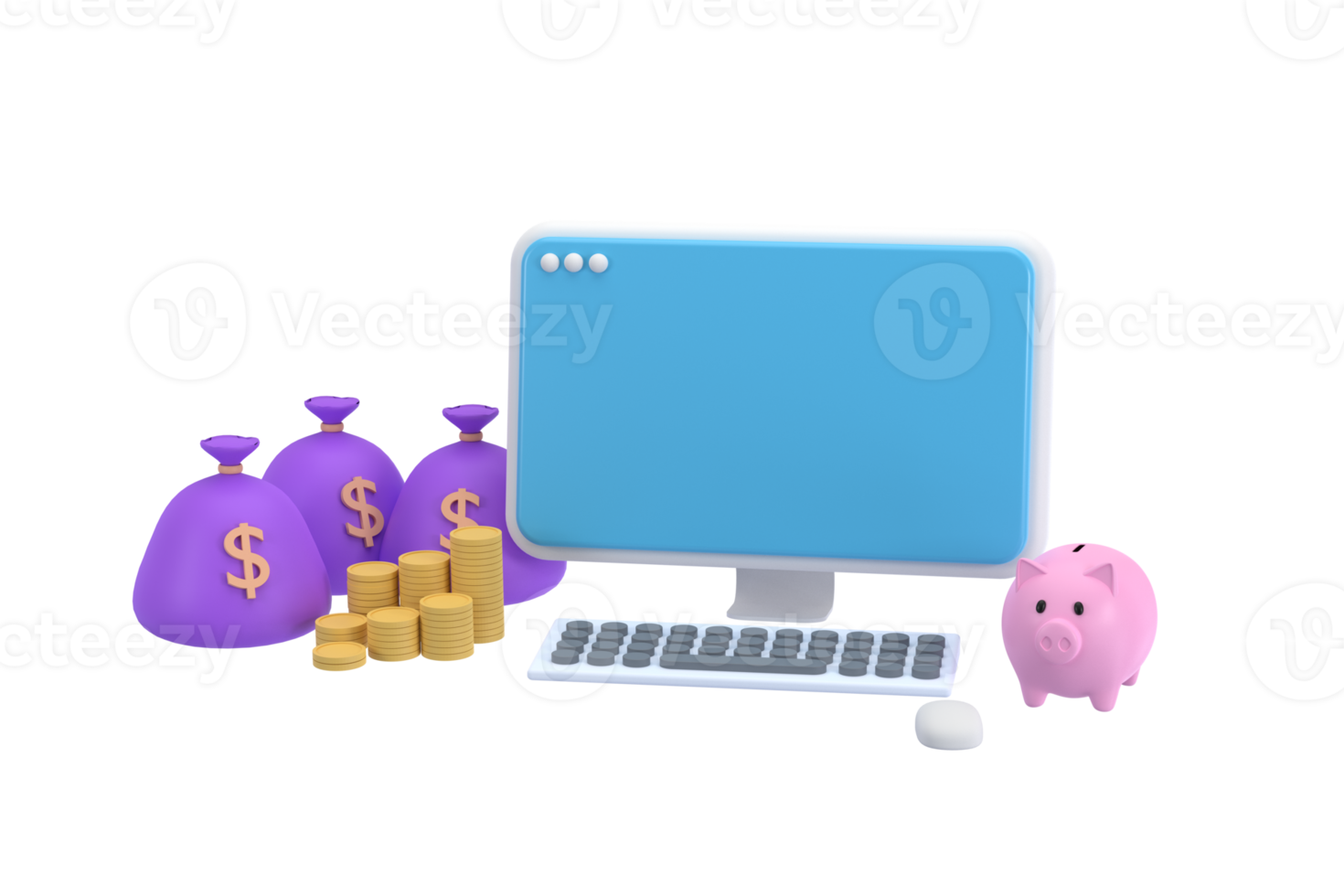 3D. A computer, a piggy bank and a pile of coins with a bag of money. online money making ideas png