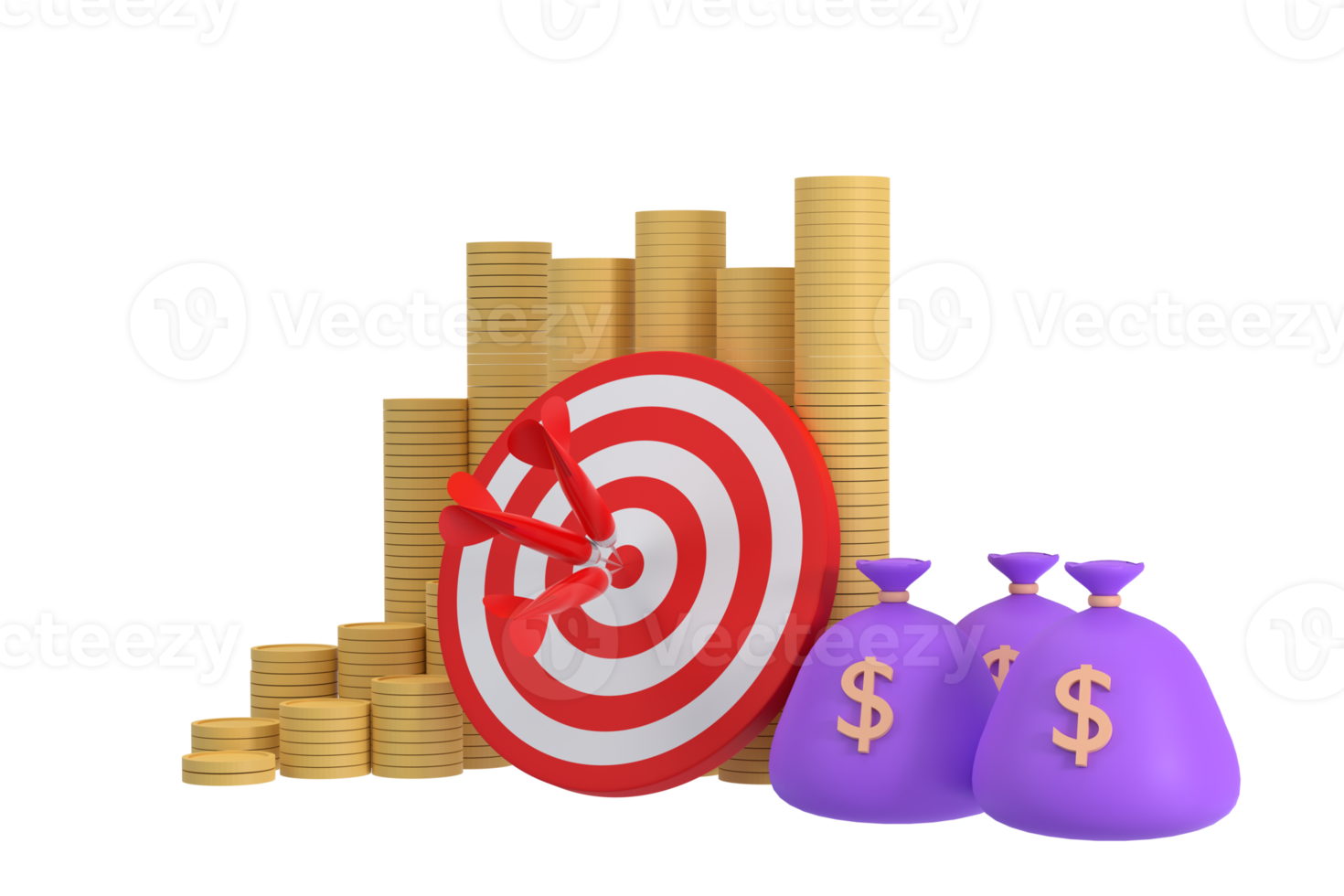 3D. red darts target with a pile of money and a bag of money. financial business concept png