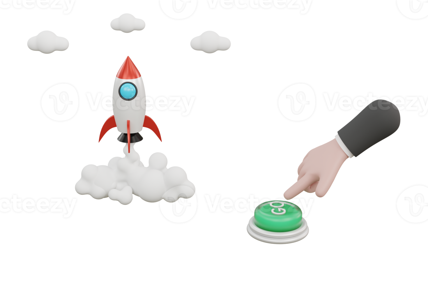 Cartoon hand presses the button and launches a rocket or spacecraft, the concept of a startup png