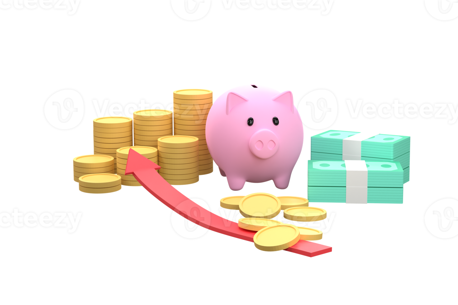 Piggy bank, stacks of coins, banknotes. concept business investment. png