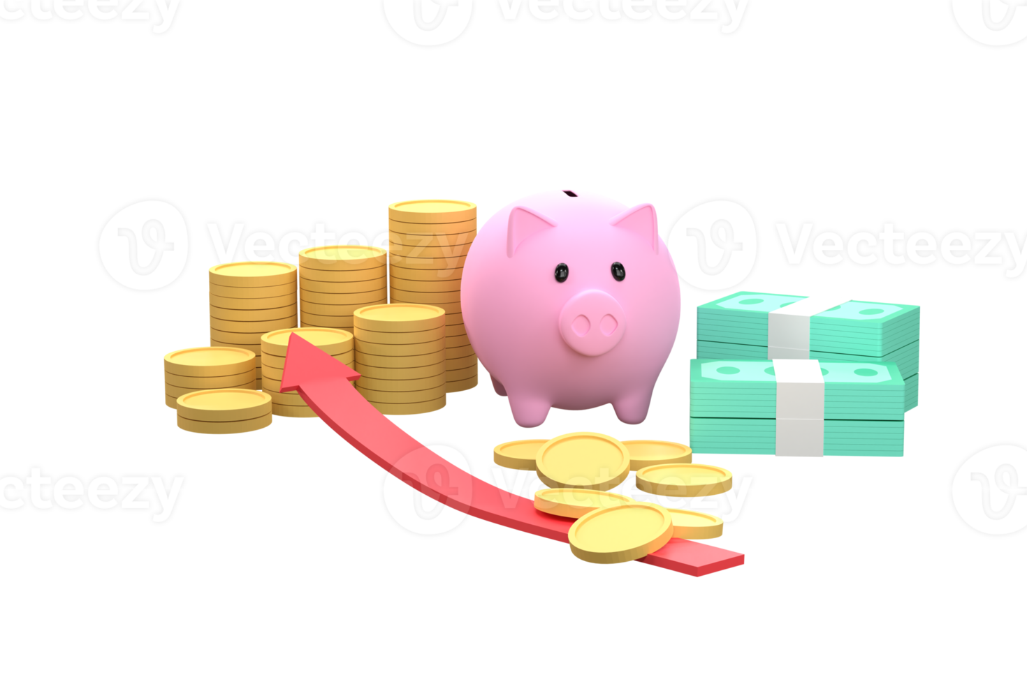 varkentje bank, stapels van munten, bankbiljetten. concept bedrijf investering. png