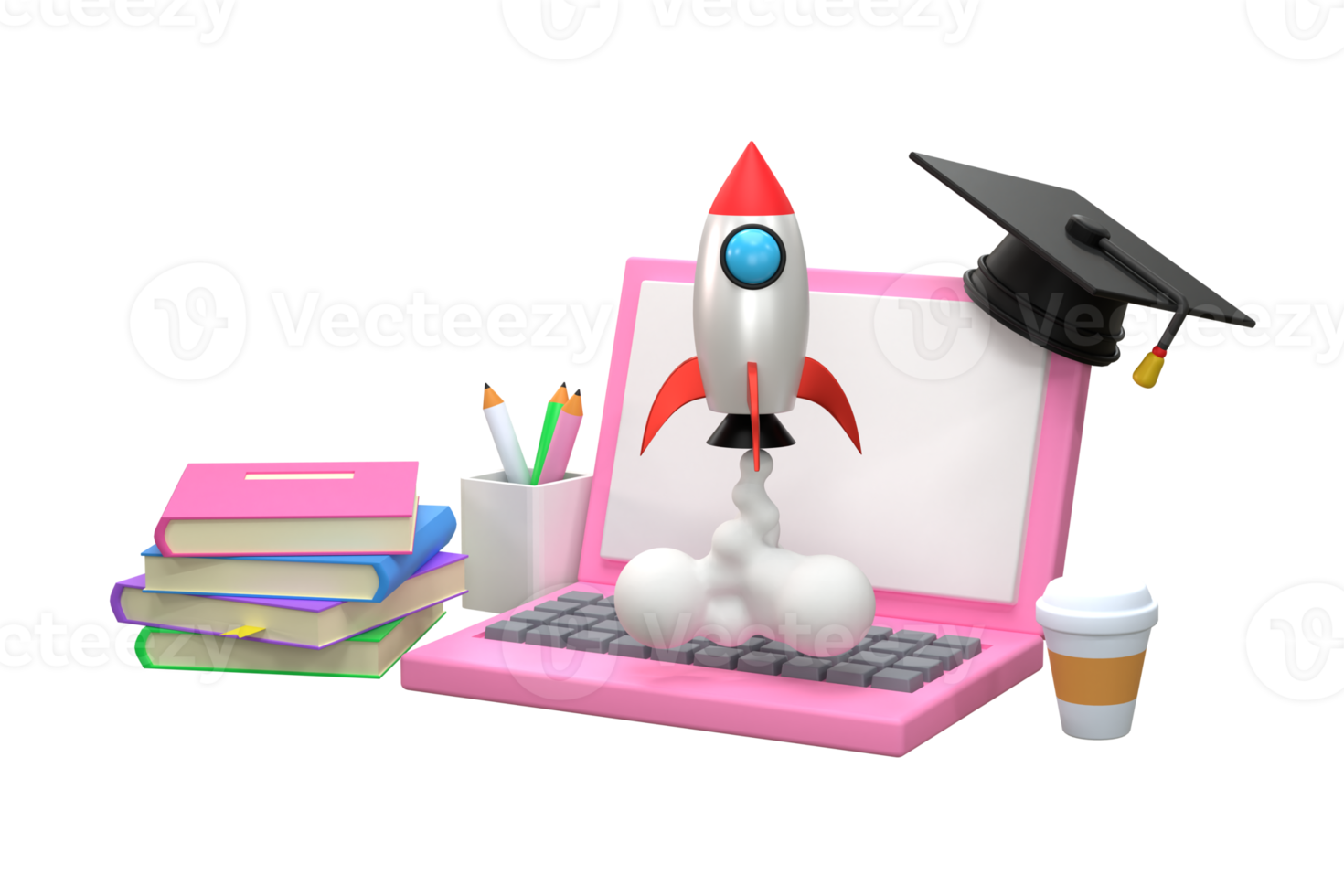 Rocket launch on laptop, flying rocket icon, education business startup project concept. png