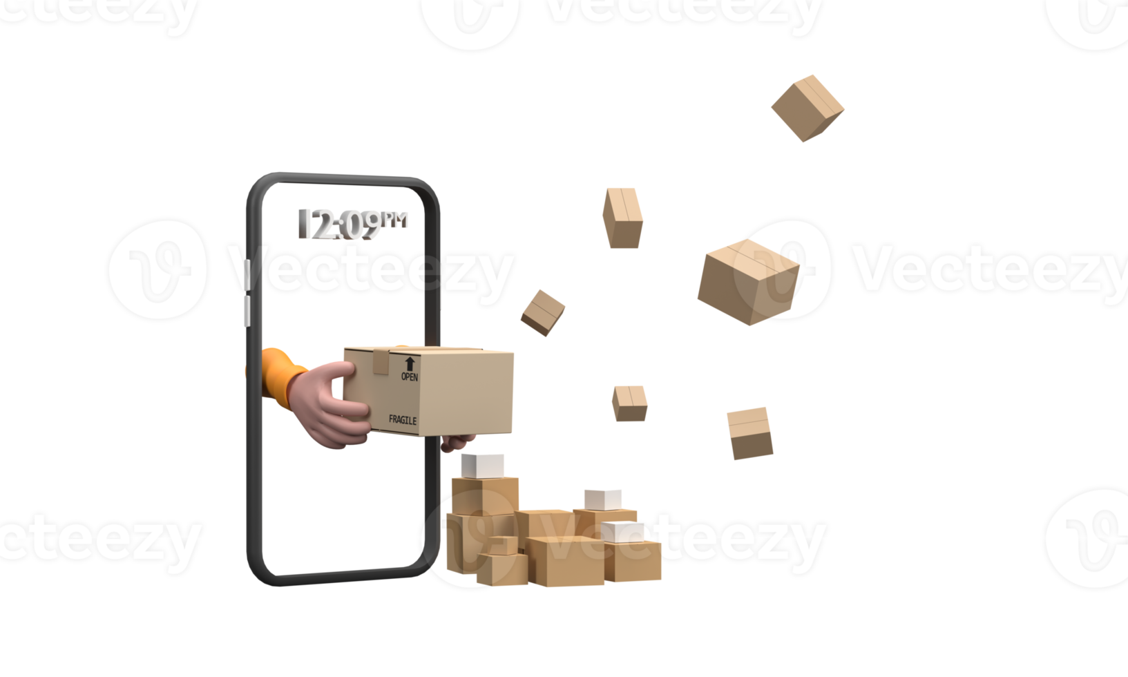 3D. Cartoon courier hand from smartphone in orange holding cardboard box. png