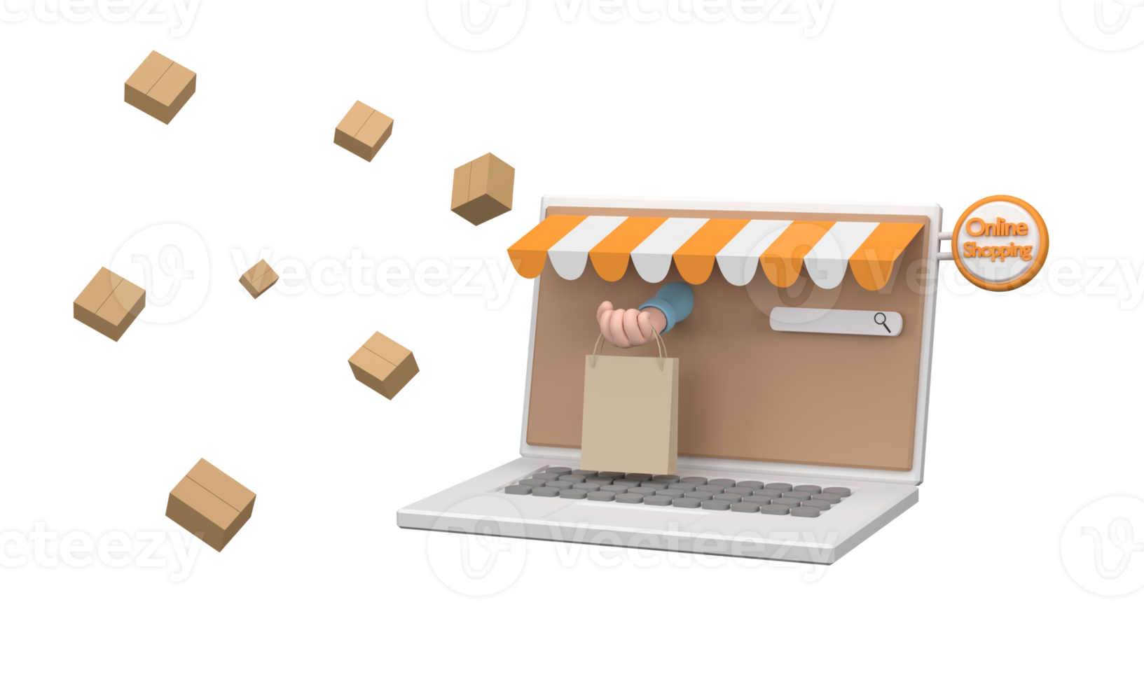 3D-Cartoon-E-Commerce- oder Online-Shopping-Konzept mit Händen, die aus einem Computerbildschirm herausreichen png