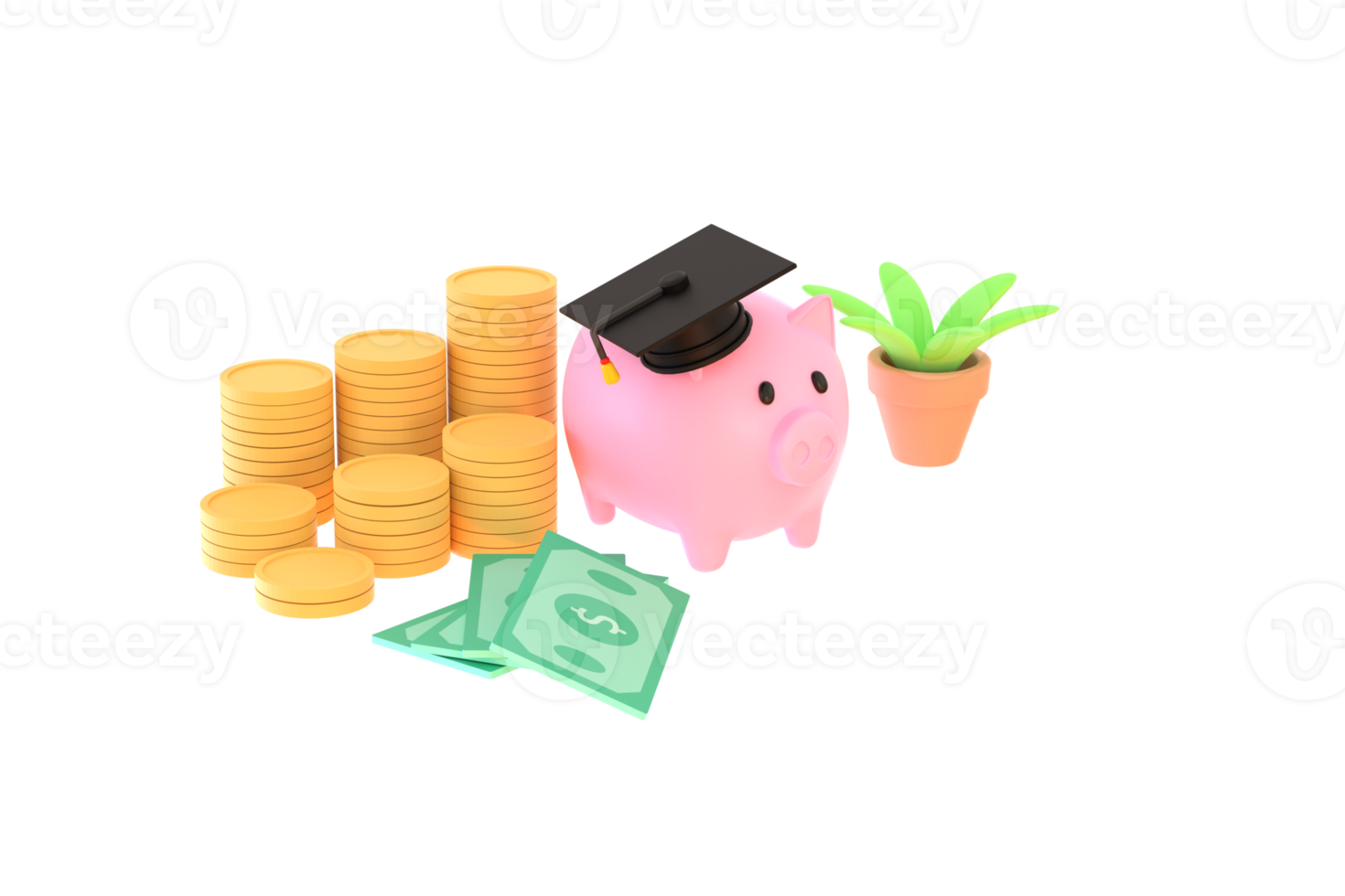 3d. varkentje bank met diploma uitreiking pet verzamelen fondsen voor onderwijs png