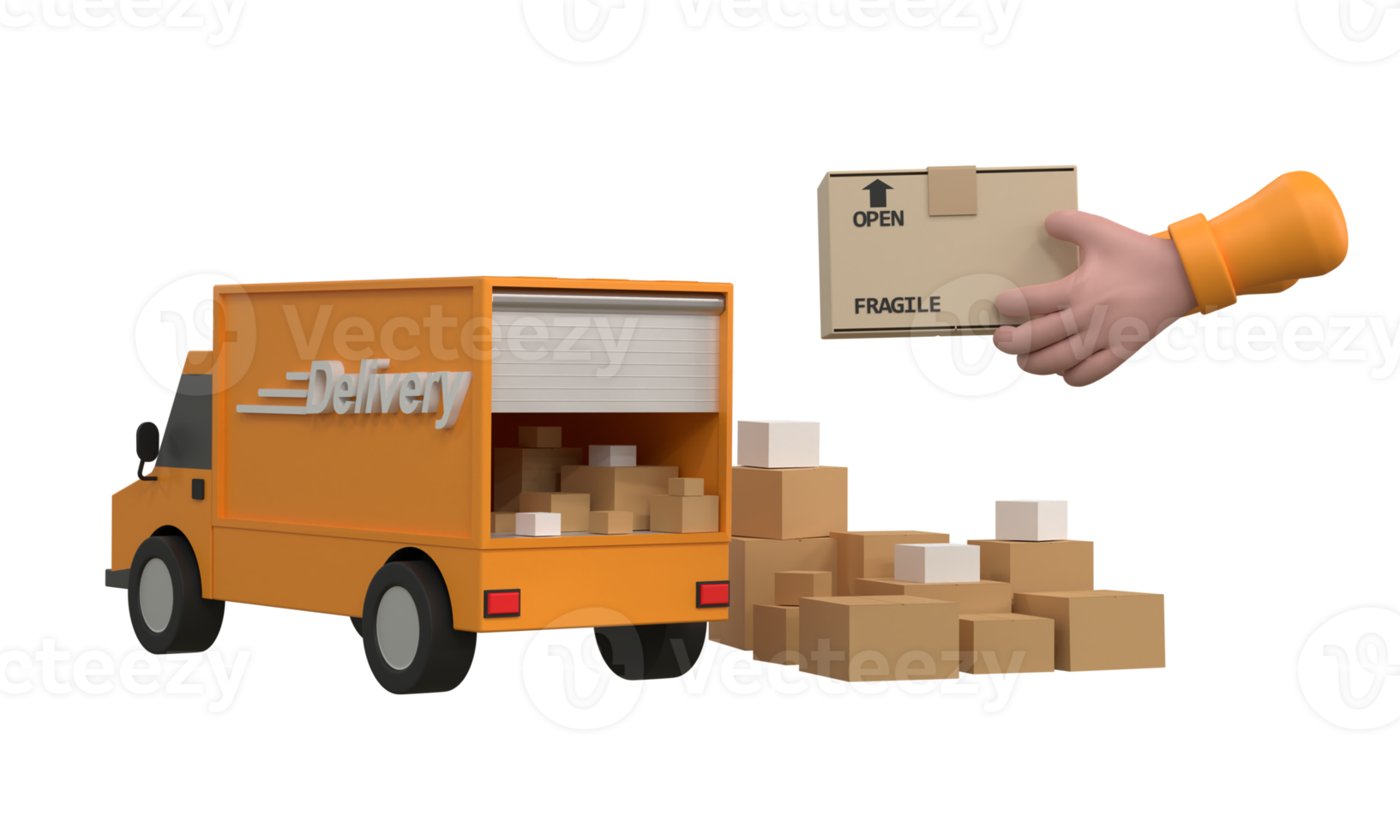 3D. Cartoon hand accepting a delivery of boxes from deliveryman. png