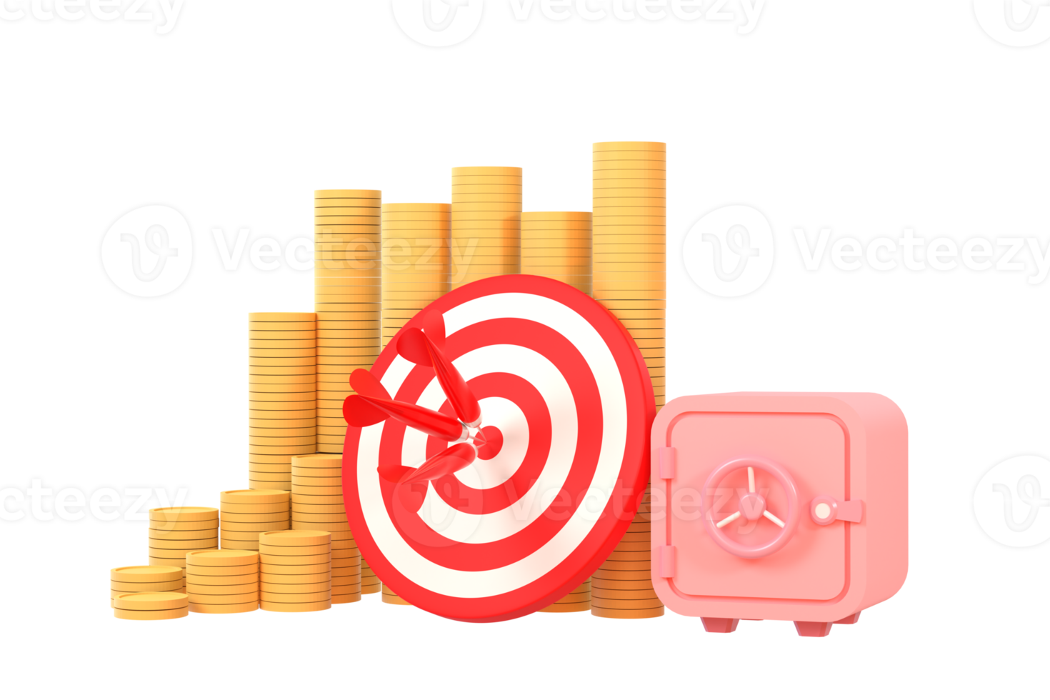 rood darts doelwit met een stapel van geld, veilig en een zak van geld. financieel bedrijf concept png