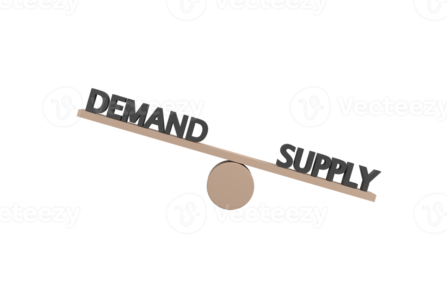 3D. words demand and supply on wooden seesaw unbalancing on white background, business concept, png