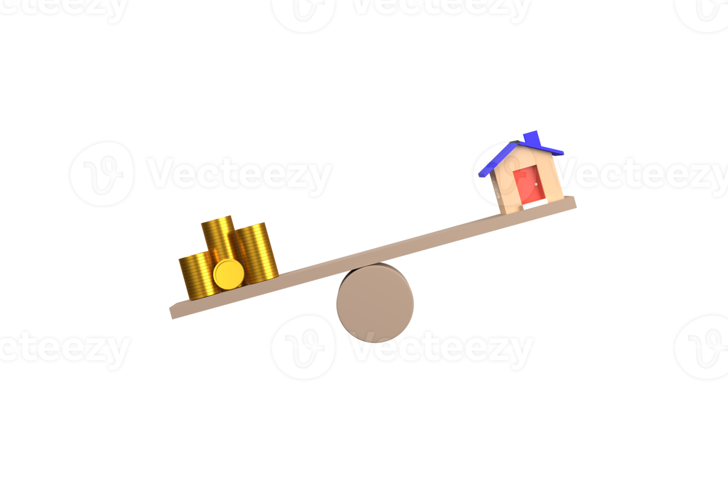 3D. home and money coins stack on wood scale. Property investment and house mortgage financial real estate concept png