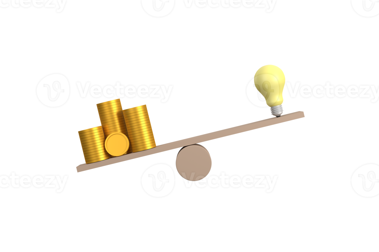 3D. Coin stack compare light bulb idea on wood scale seesaw. Money gold coin compare unbalance with knowledge concept. png