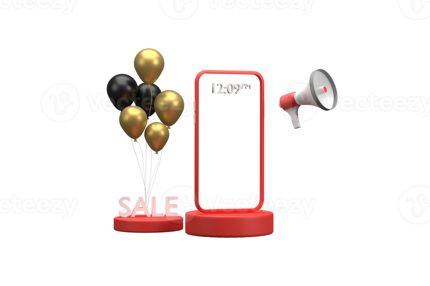 3D. Black Friday promotion with balloons and megaphones on a black background. png