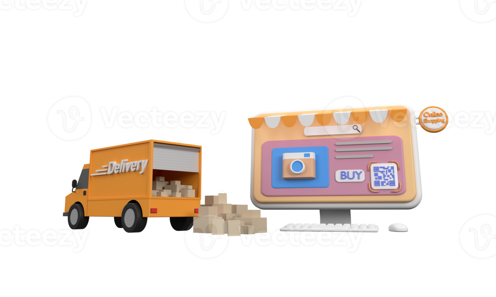 3D. Computer pc with QR code screen buy and delivery truck. Concept online shopping png