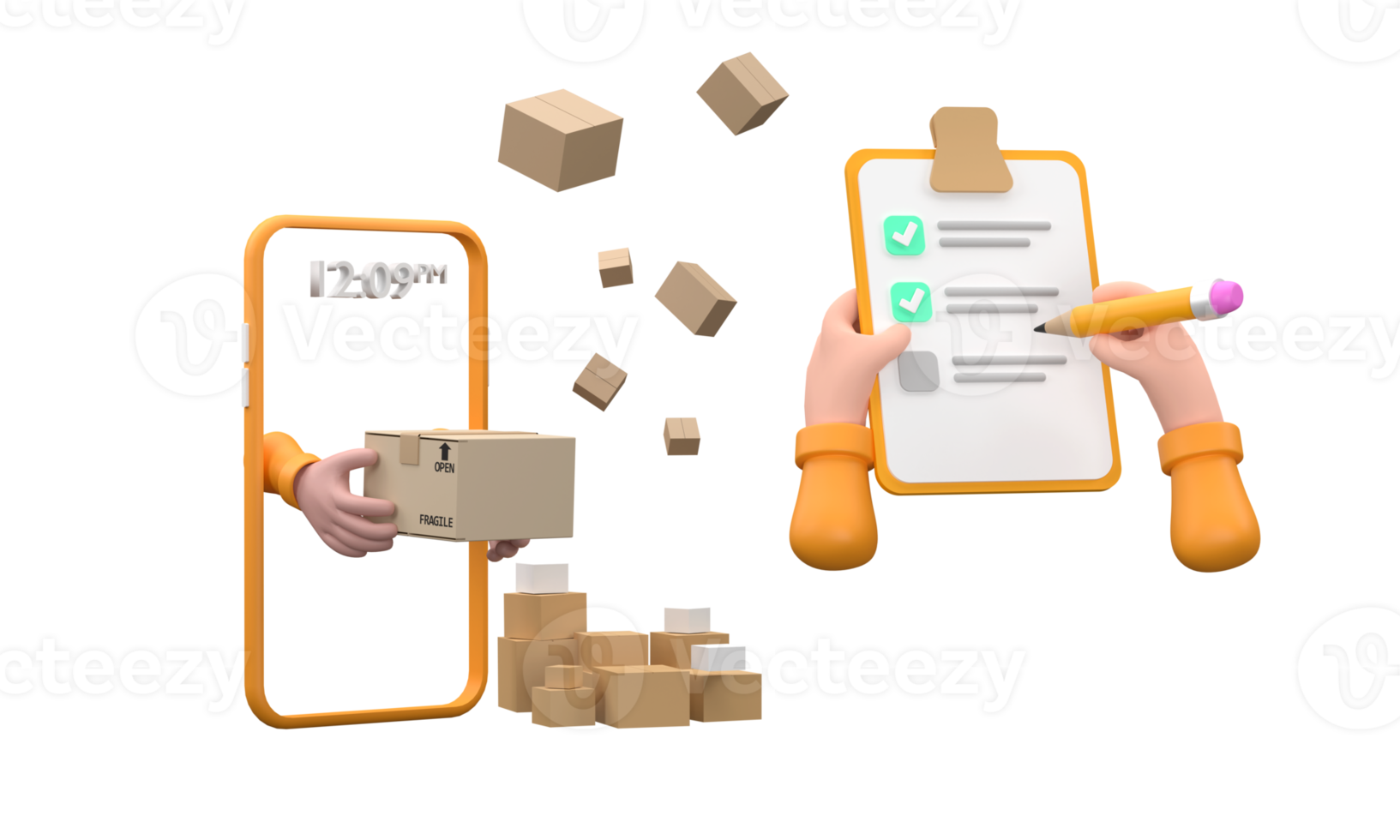 3D. Cartoon hand of a courier's make checked and hand writing on clipboard png