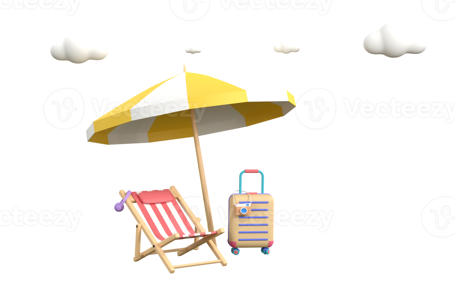 3d. beach sunbed with umbrella, wooden deck chair. Summertime relax. png