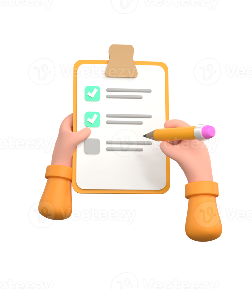 3D. Hand signing document. Hand filling checklist on clipboard. png