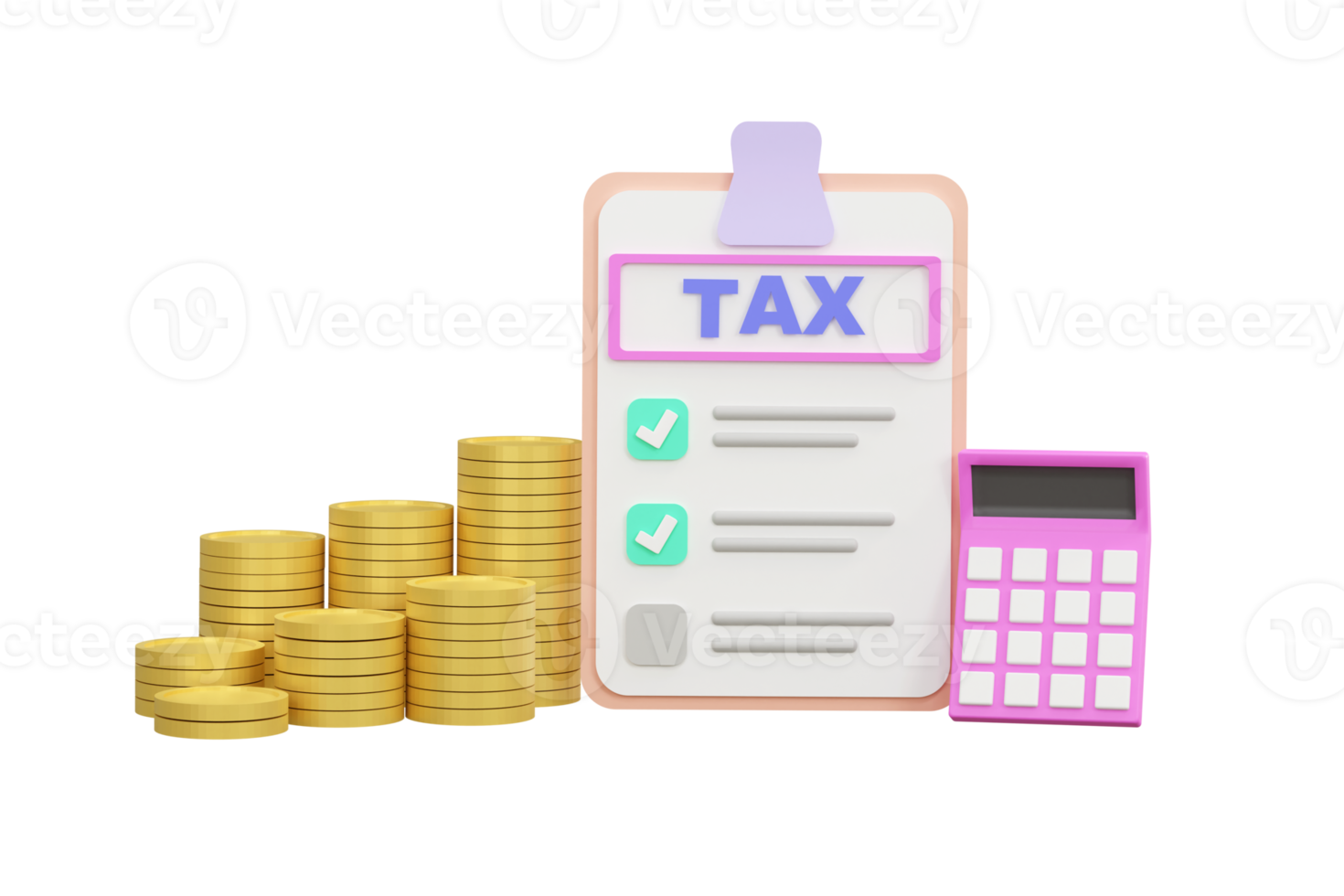 3D. isometric checklist tax on clipboard paper and coins. png