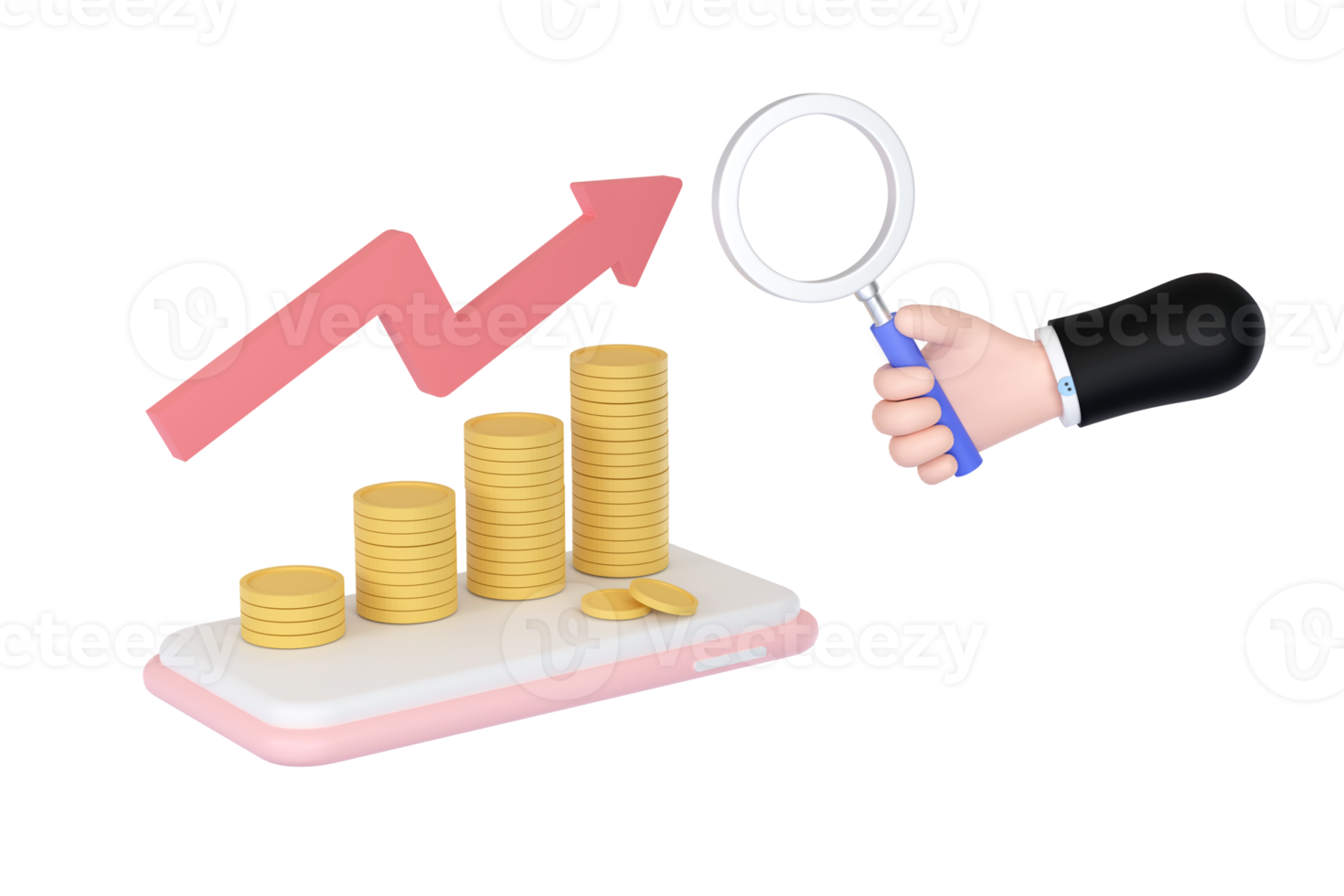 3D. hand holding magnifying glass and coins, graph on a mobile phone concept of financial management png