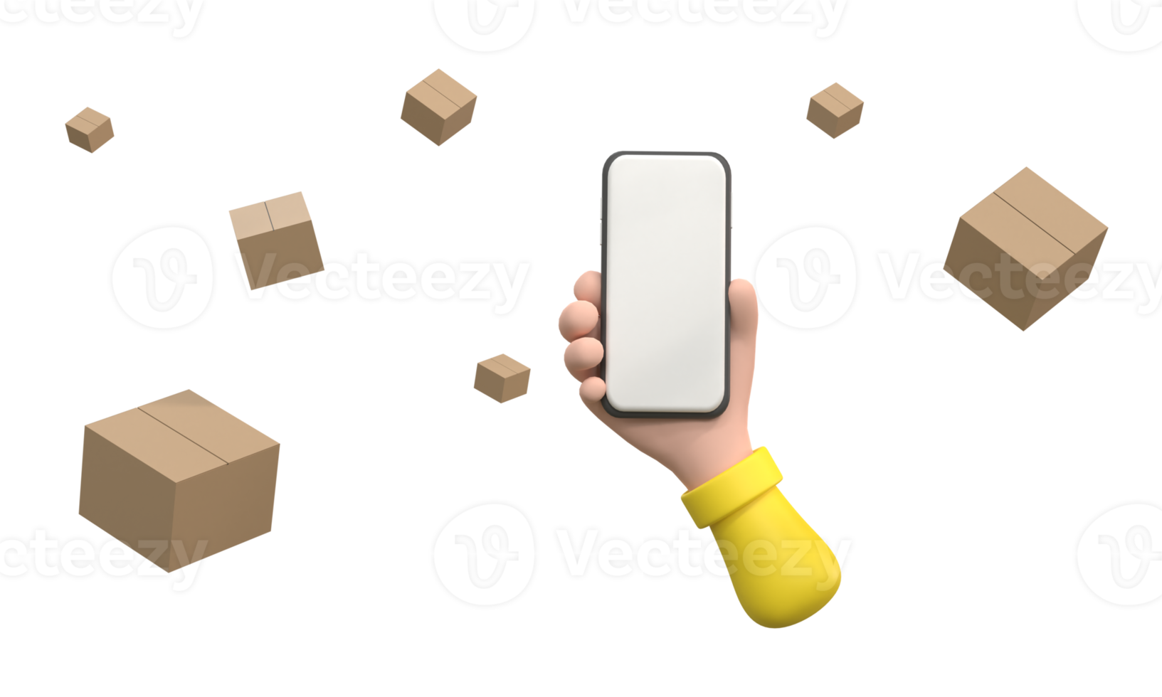 Use smartphone and a bunch of paper box. Concept Shopping, png