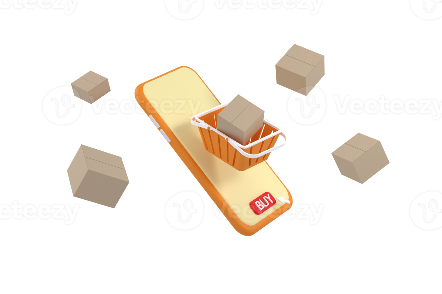 The parcel box is placed in a shopping basket and all placed on the smartphone screen. delivery and online shopping concept, png