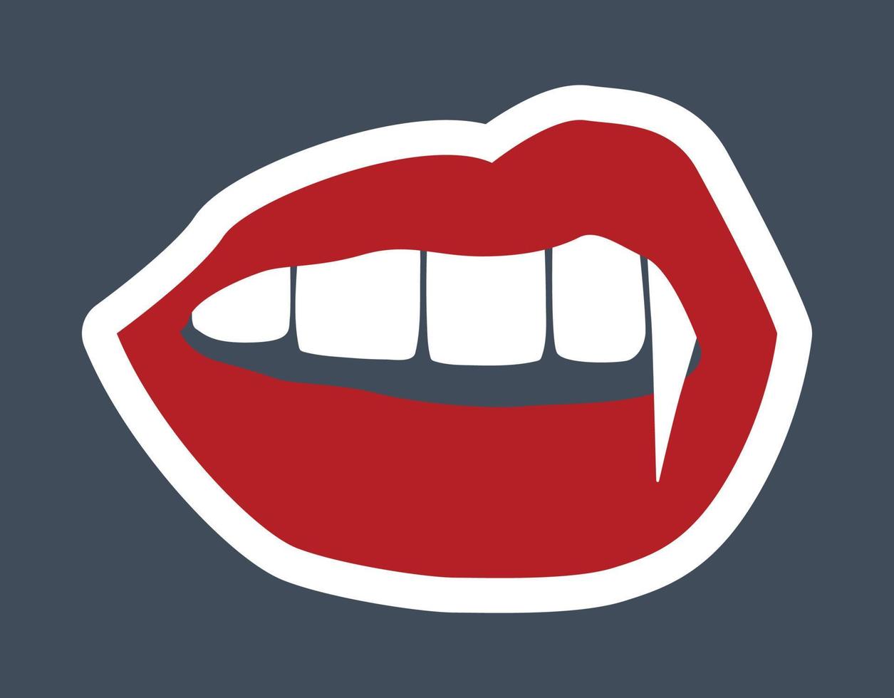 Vampire's mouth, symbol of Halloween. Red lips with fangs and speech bubble. Template for your design. Hand drawn trendy vector illustration. All elements are isolated.