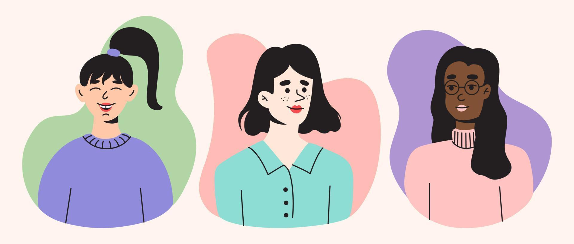 conjunto de 3 iconos de estilo plano de personajes femeninos. ilustraciones de dibujos animados modernos con fondo de efecto líquido. diseño de dibujos para web e impresión. vector