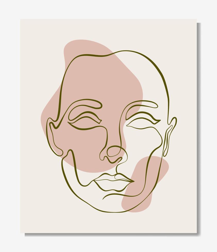 afiche vectorial con ilustración de la cara de arte lineal de la mujer. dibujo moderno de una línea con manchas, colores pastel. hermandad y feminismo. ilustración para web e impresión. vector