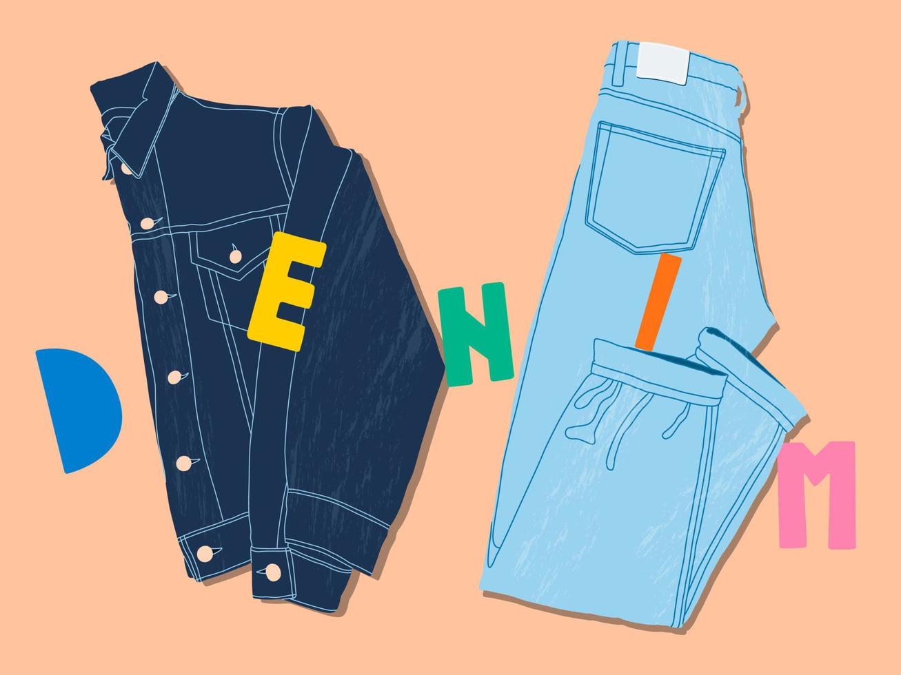 Denim jacket, jeans and lettering flat lay style. Trendy top down view illustration. Autumn denim style. Modern minimalistic group of clothes design for web card, banner. vector