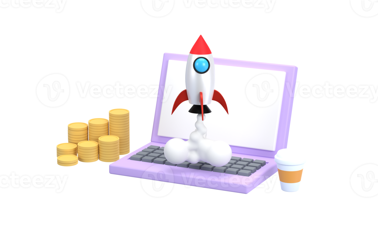 3D. notebook computer and coins, A rocket soared up on sky. concept  business startup. png