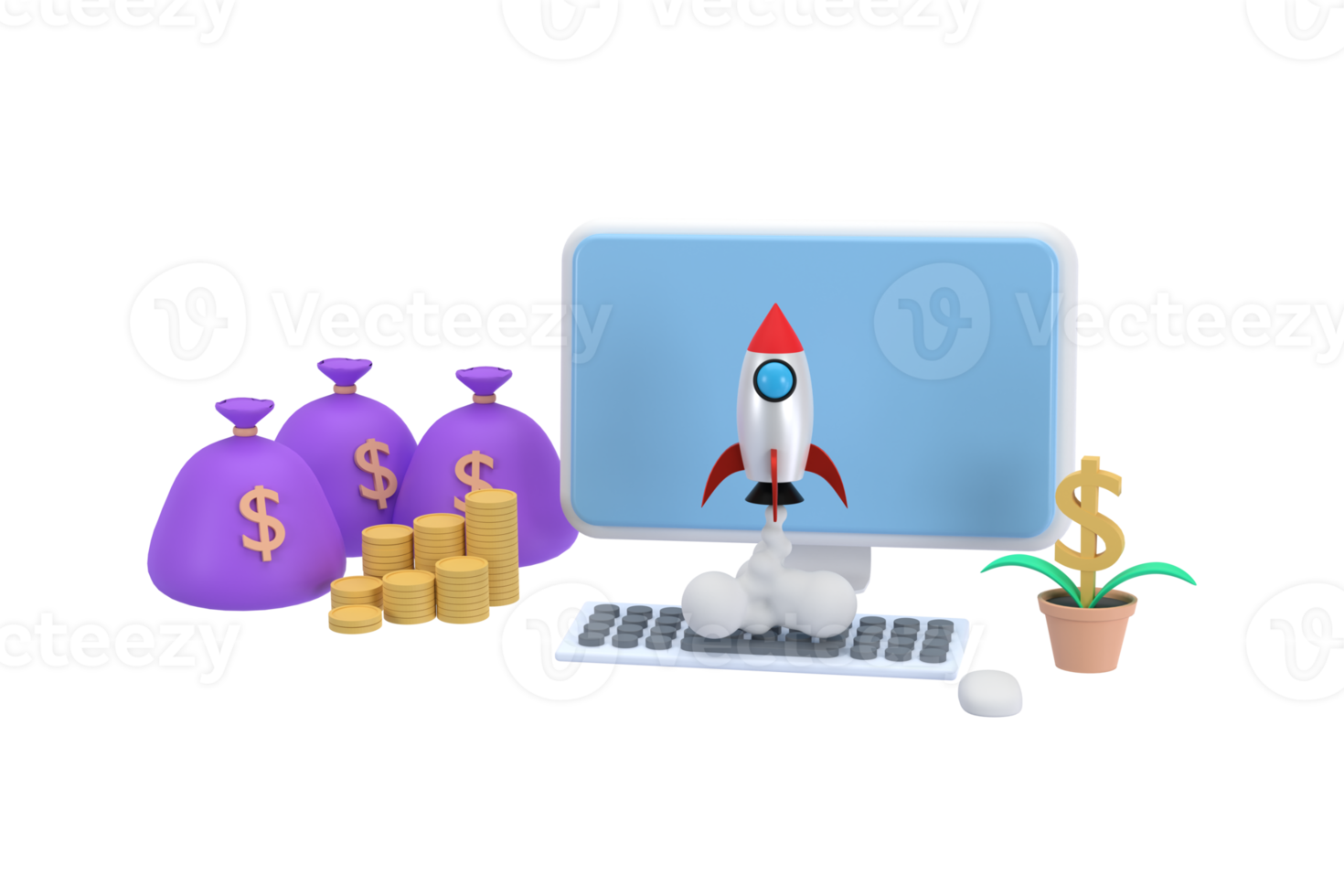 3D. computer and a pile of coins with a bag of money. A rocket soared up on sky. business idea. png