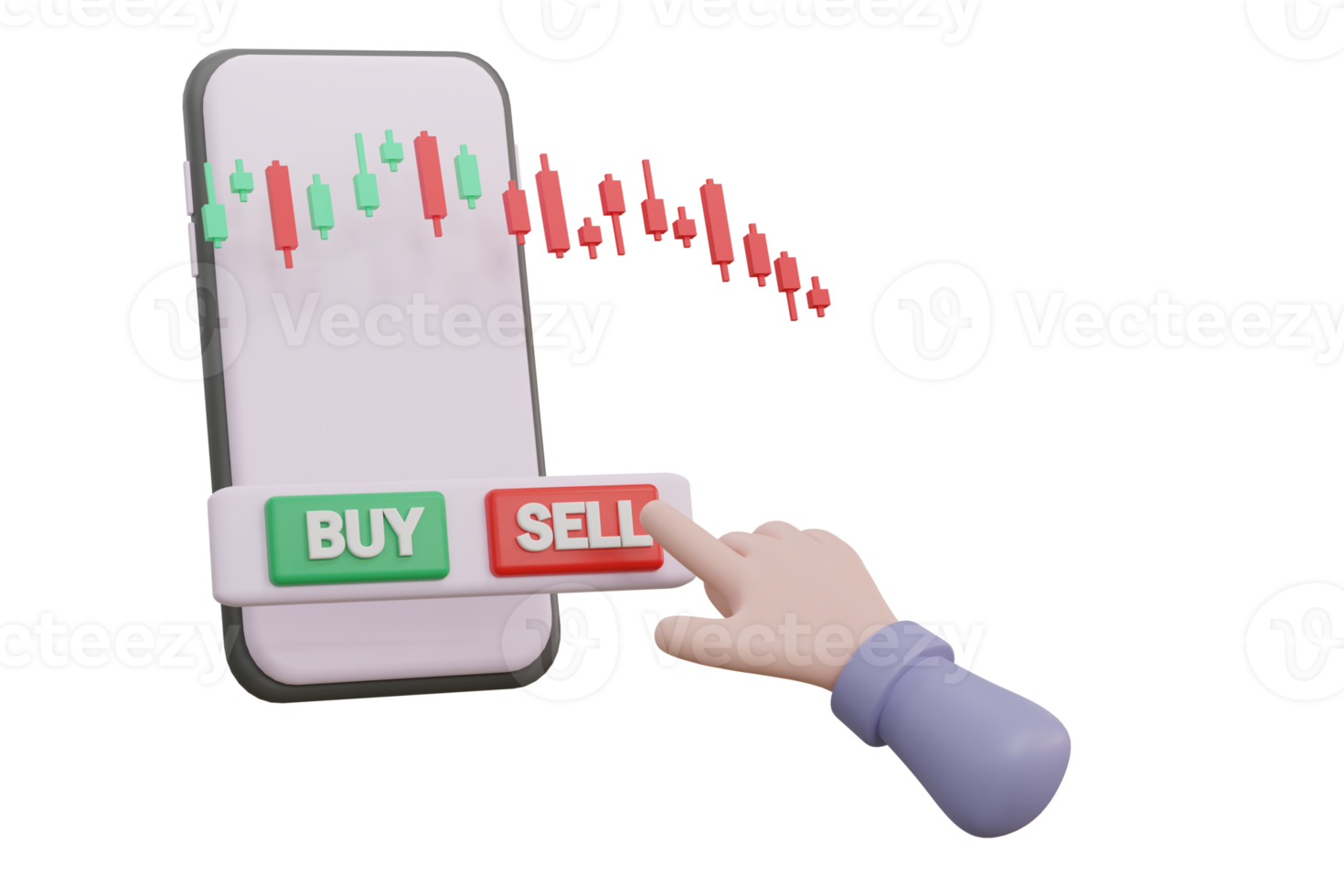 azione mercato attività commerciale scena. spingendo verde acquistare pulsante su smartphone. i soldi e mondo economia concetto. png