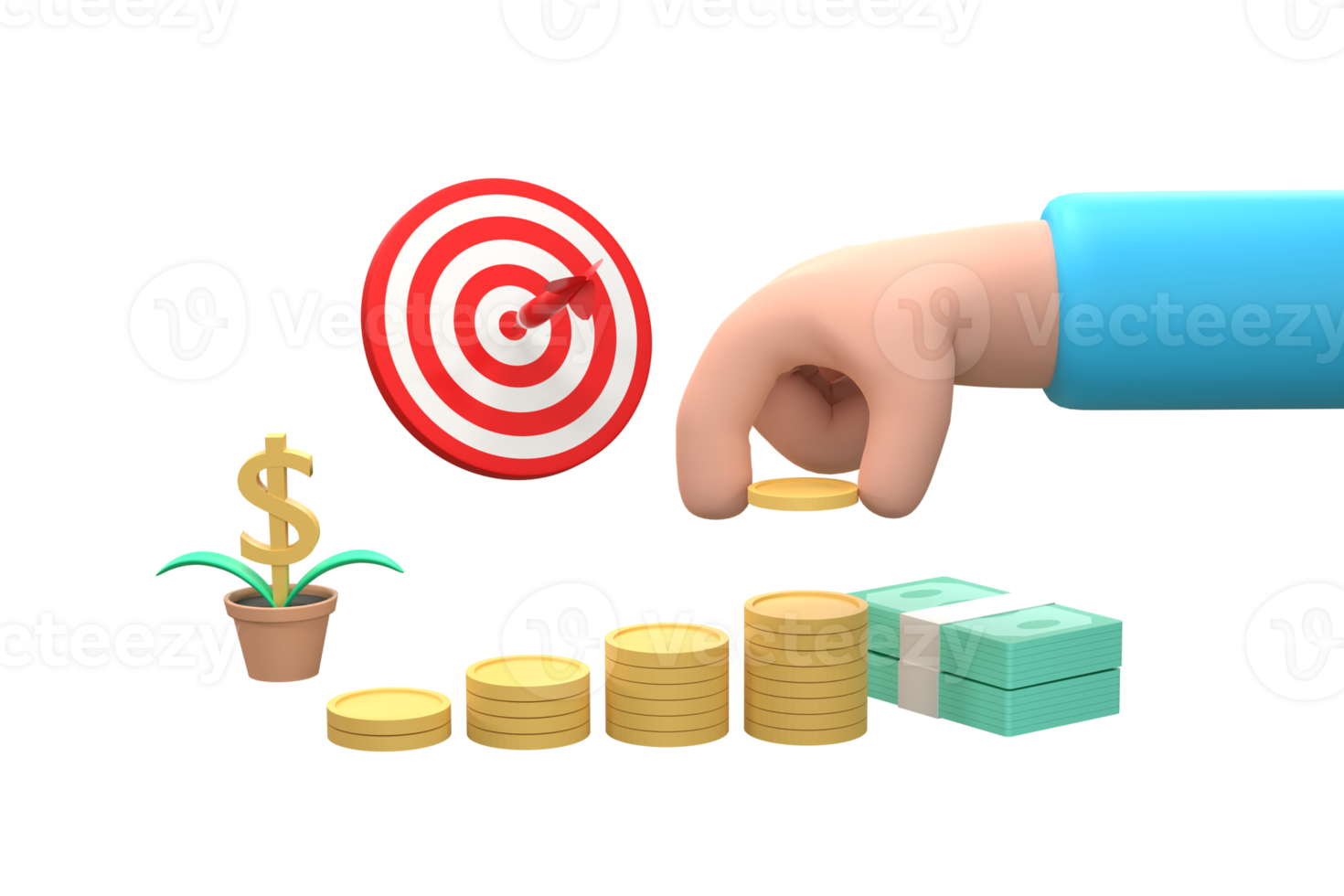Cartoon hand put coin to money staircase. Making money. For business and finance concept. png