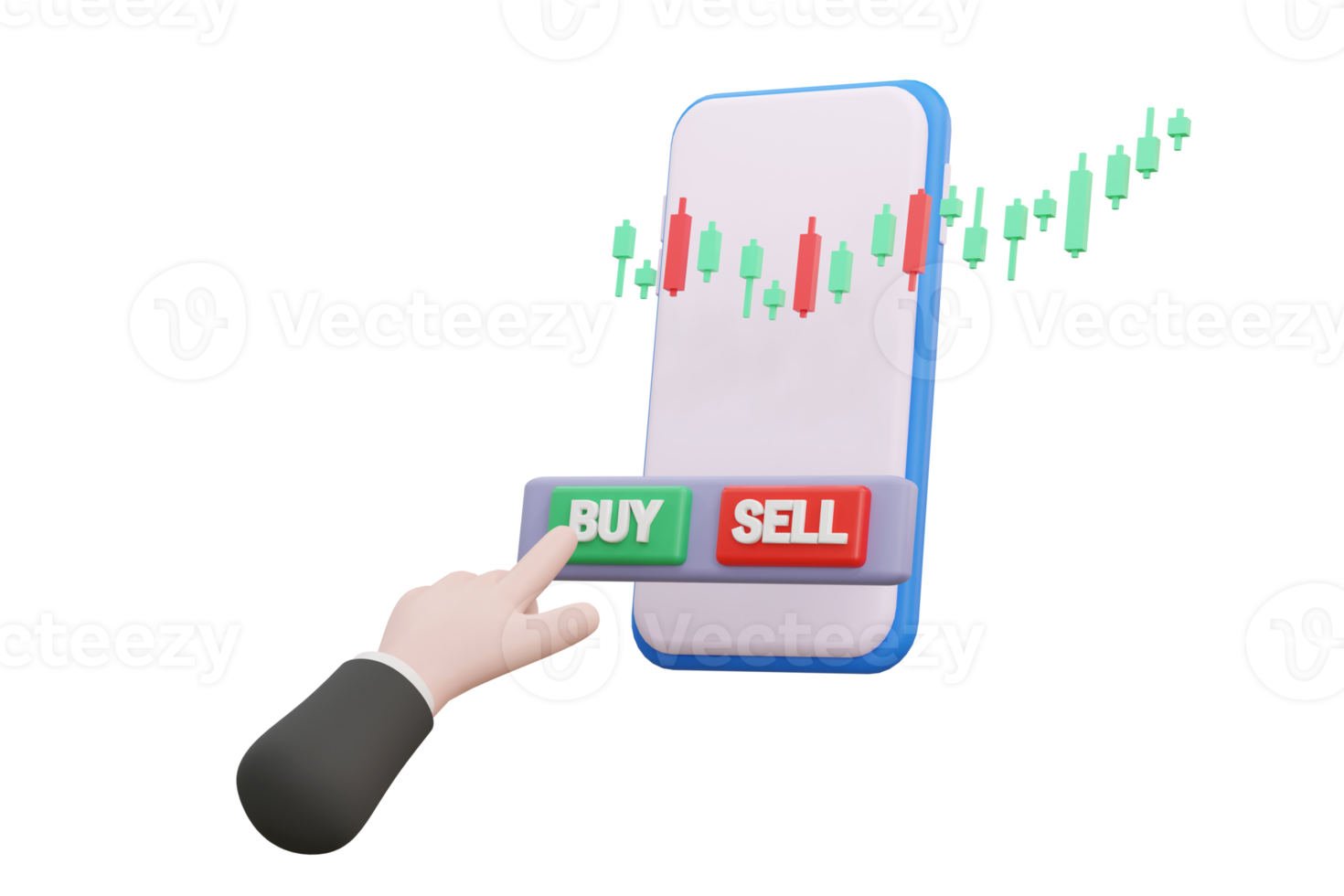 Stock market business scene. Pushing green buy button on smartphone. Money and world economy concept. png